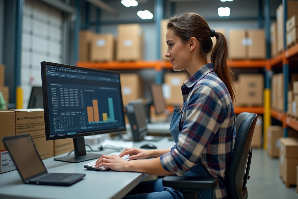 Femme avec tablier vérifie inventaire dans un bureau logistique