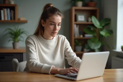 Femme concentrée travaillant sur son ordinateur à la maison
