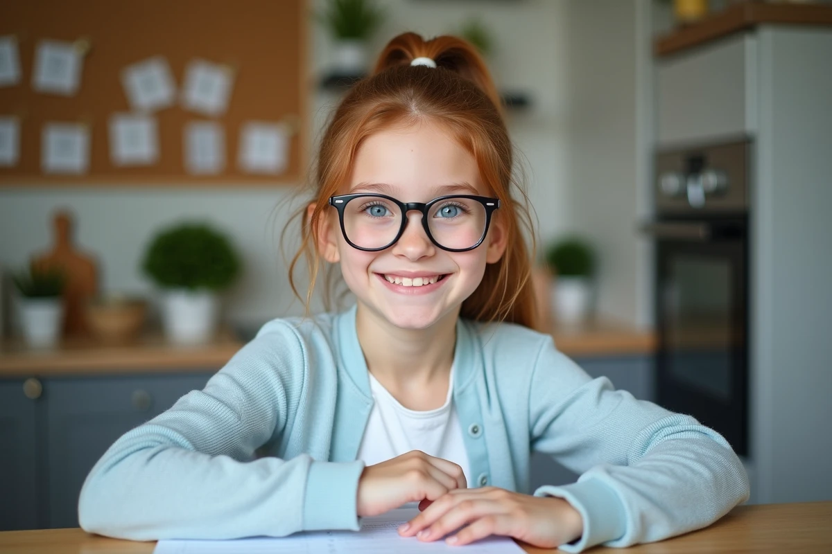 Fille souriante avec fiche QI à la maison dans la cuisine