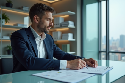 Financier en costume navy analysant des rapports financiers