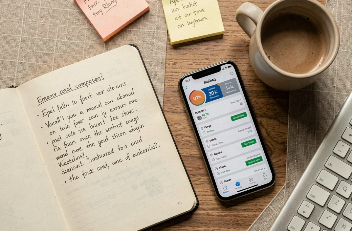 Vue aérienne d'un bureau avec notebook et smartphone affichant un logiciel d'emailing pour formations en ligne