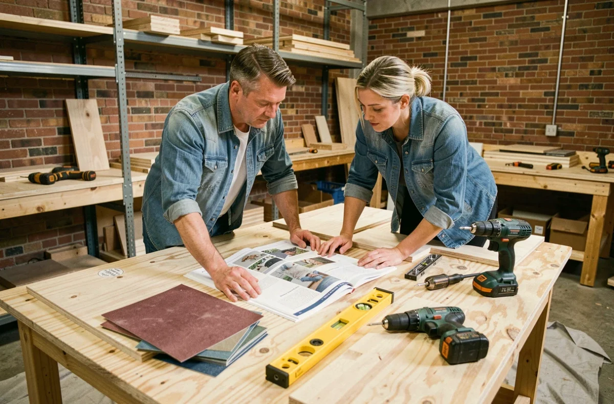 Deux adultes consultant un guide pédagogique de bricolage dans un atelier communautaire avec matériaux de construction