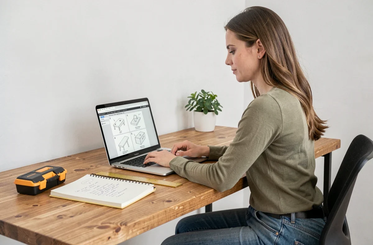 Femme suivant une formation bricolage en ligne sur un ordinateur portable dans un bureau à domicile