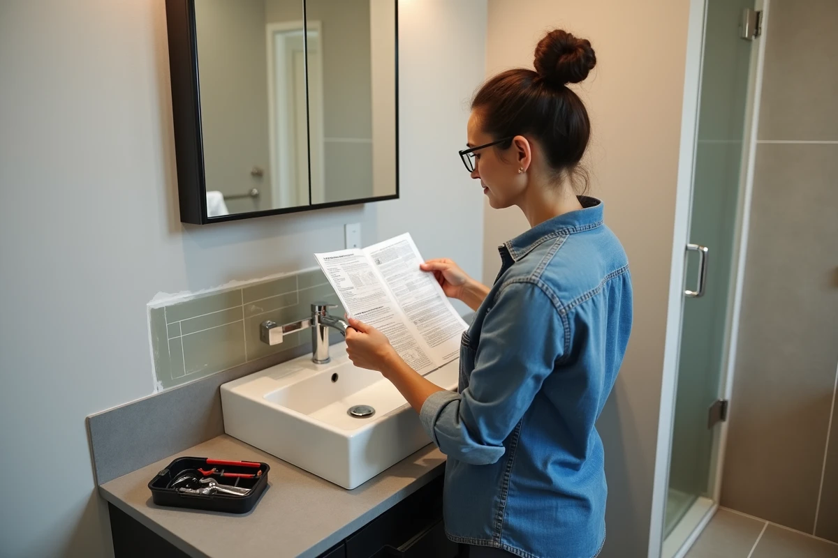Femme bricolant l'installation d'un meuble vasque dans une salle de bains en cours de rénovation