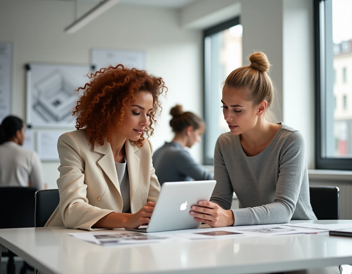 Deux femmes en formation décoration d'intérieur collaborant sur un logiciel de rendu 3D dans une école de design moderne