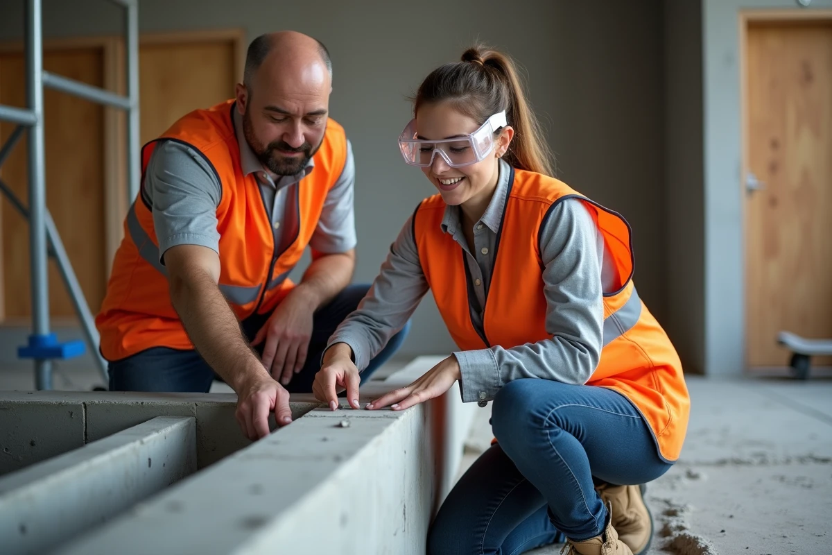 Formation pratique sur chantier simulé avec instructeur BTP et apprenante en tenue de sécurité