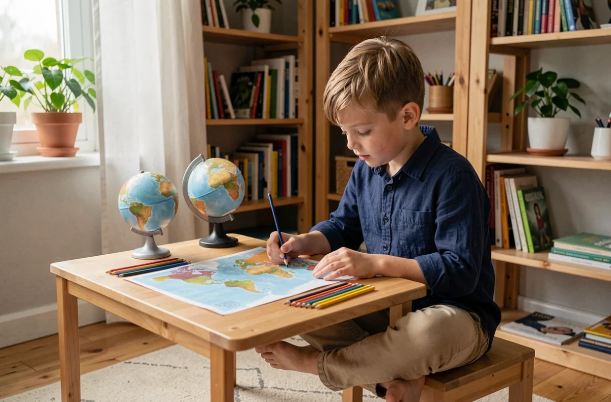 Garçon coloriant une carte du monde Montessori à compléter à la maison avec des crayons aquarelle