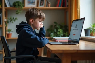 Garçon de 12 ans frustré devant un ordinateur à la maison