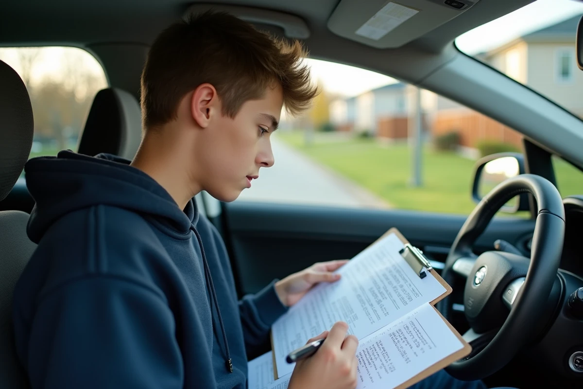 Adolescent dans une voiture prépare un test de conduite