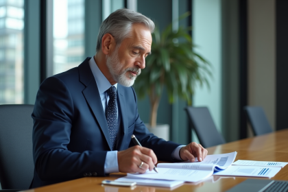 Homme gestionnaire financier en costume dans un bureau moderne