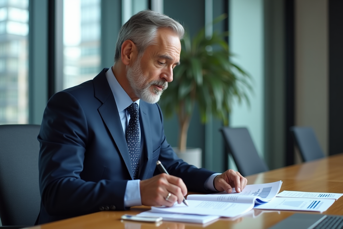 Homme gestionnaire financier en costume dans un bureau moderne