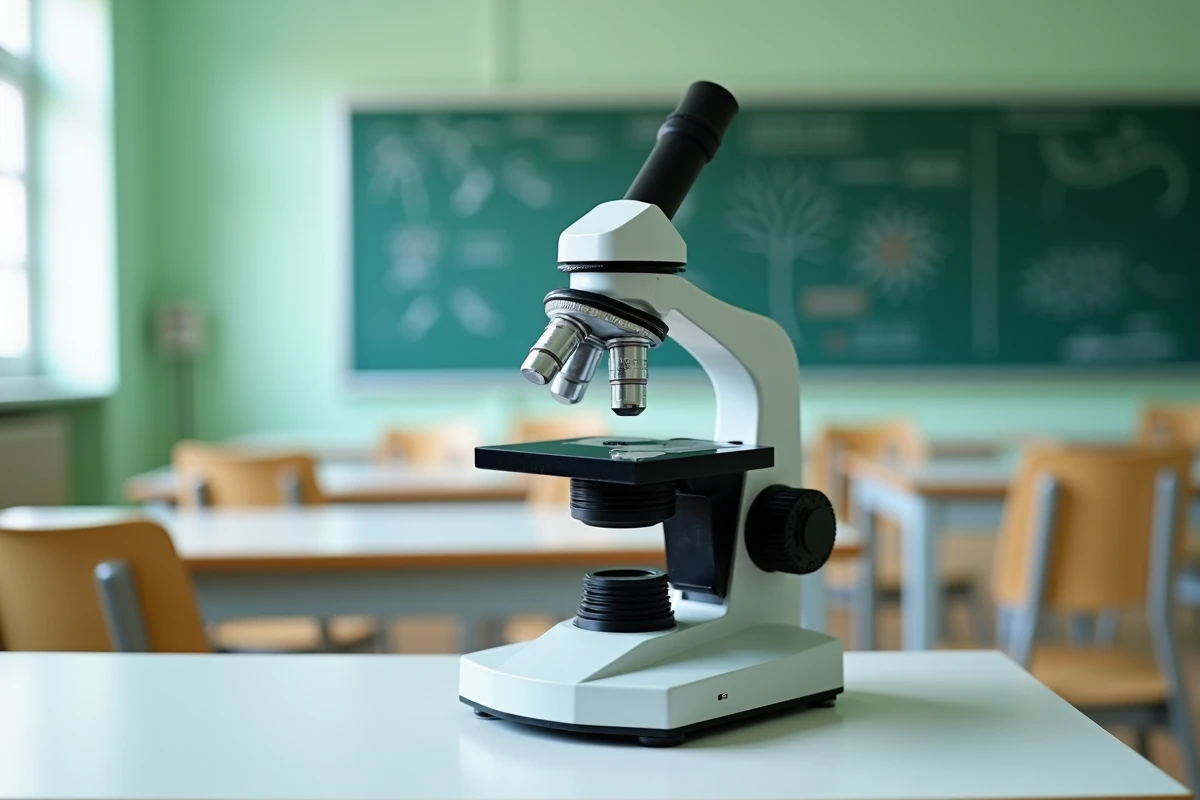 Gros plan sur un microscope étudiant posé sur une table de laboratoire scolaire avec mise au point sur les objectifs et la platine
