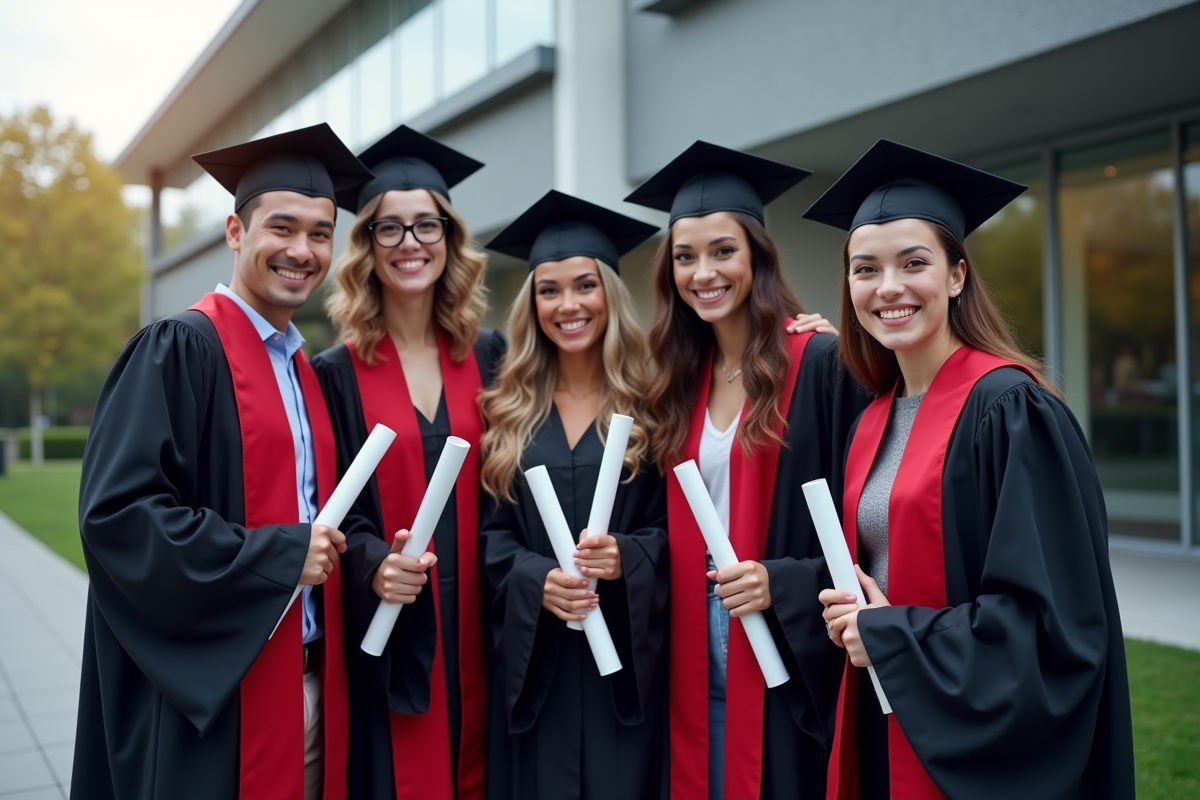 Groupe de diplômés souriants devant université moderne