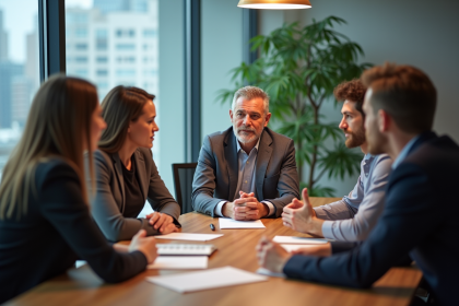 Groupe de cinq adultes en réunion de travail en intérieur