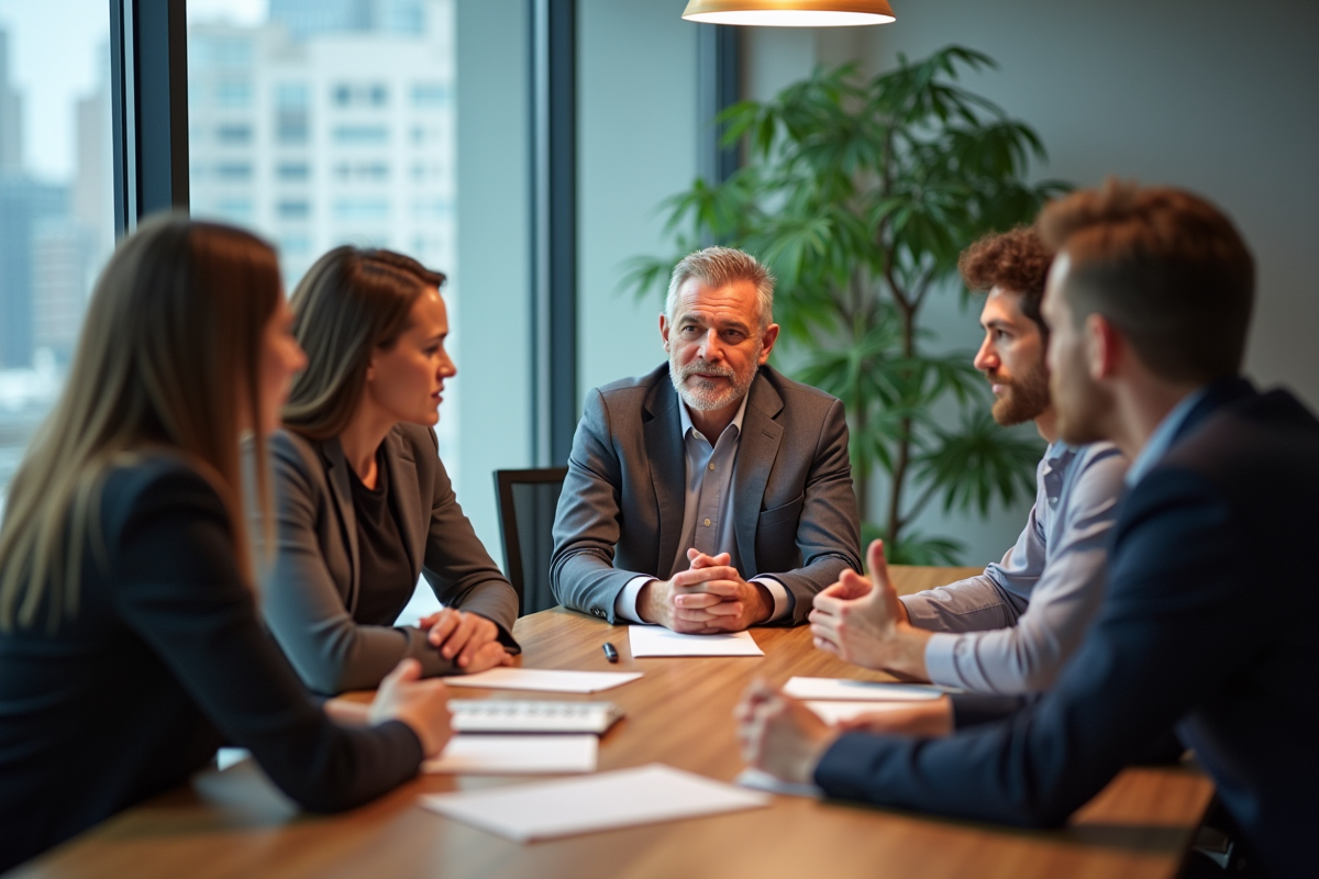 Groupe de cinq adultes en réunion de travail en intérieur