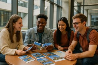 Groupe d'étudiants divers dans un camlounge moderne souriants discutant de brochures de tourisme