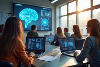 Groupe d'étudiants dans une classe moderne utilisant des appareils numériques