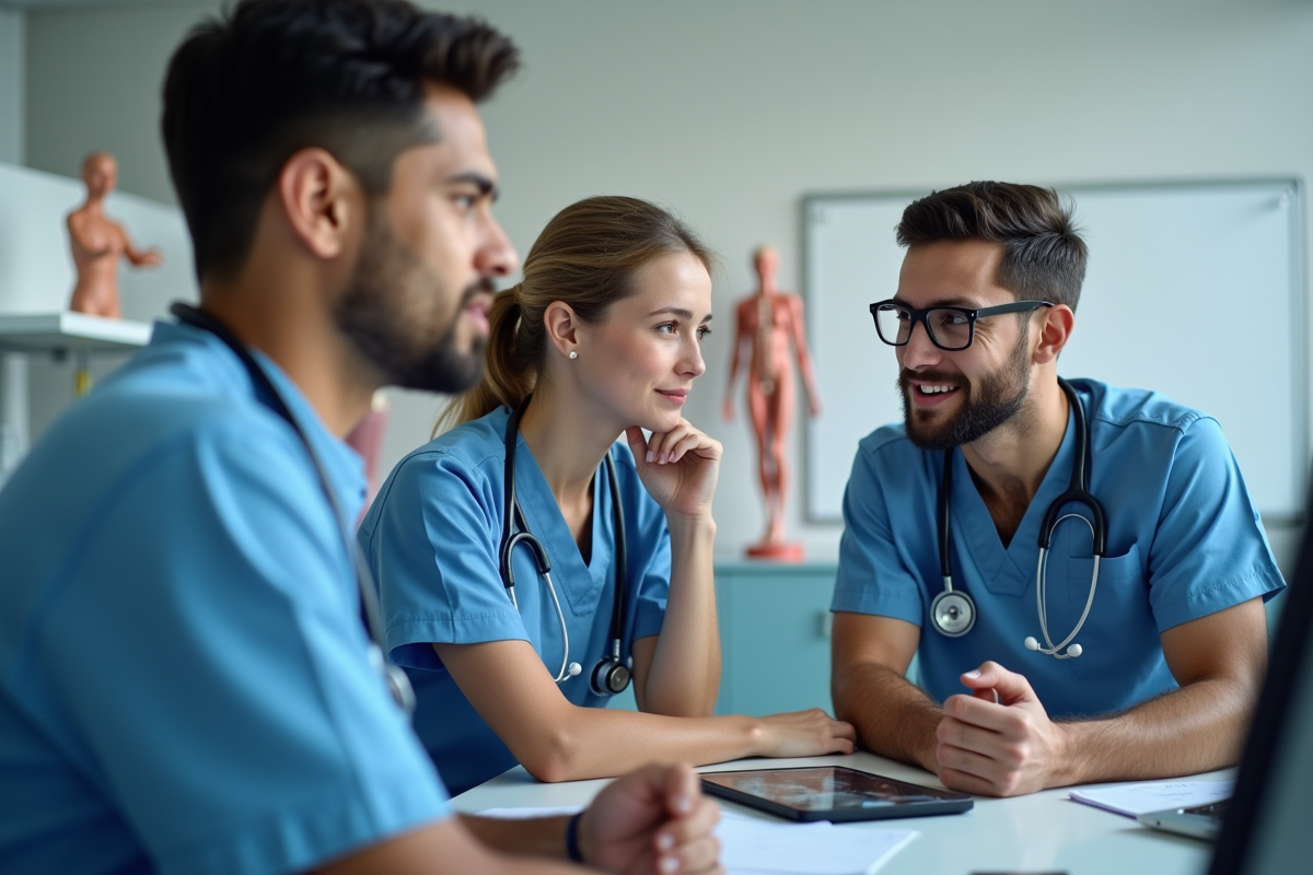 Trois étudiants en médecine discutent autour d