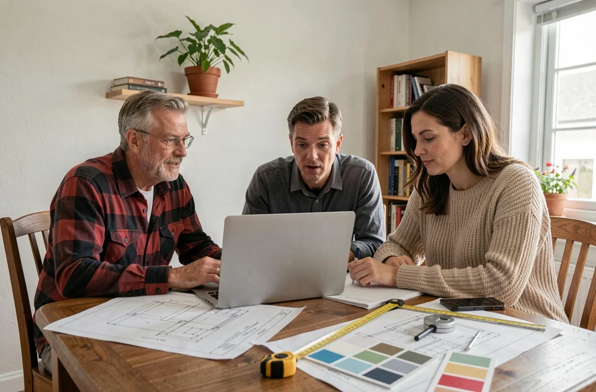 Groupe d'adultes regardant ensemble une formation bricolage en ligne autour d'un ordinateur portable