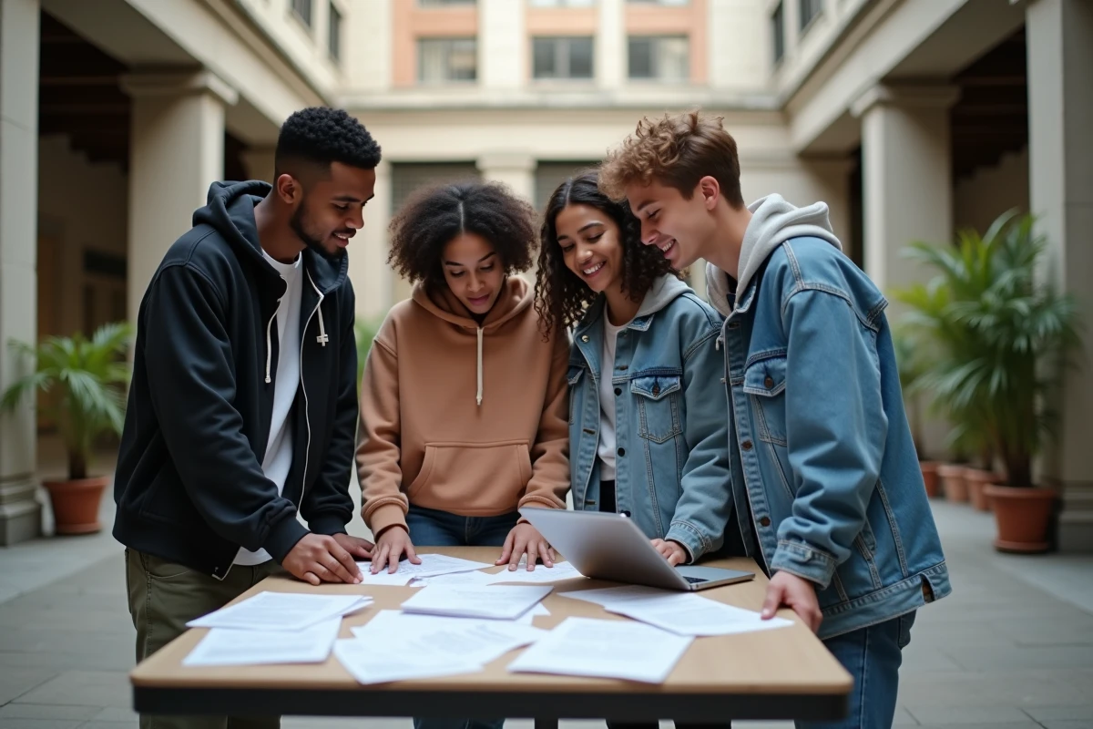 Groupe de jeunes adultes travaillant ensemble en extérieur dans un espace de formation alternatif, représentant une académie d'insertion pour les jeunes sans diplôme