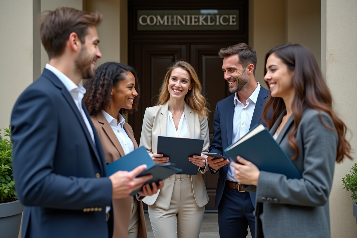 Groupe de jeunes adultes devant un bâtiment gouvernemental moderne
