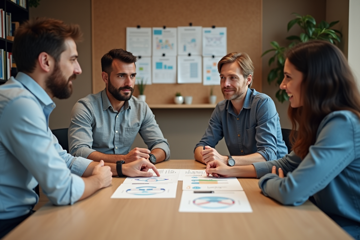 Groupe de professionnels analyse des graphiques BCG en réunion