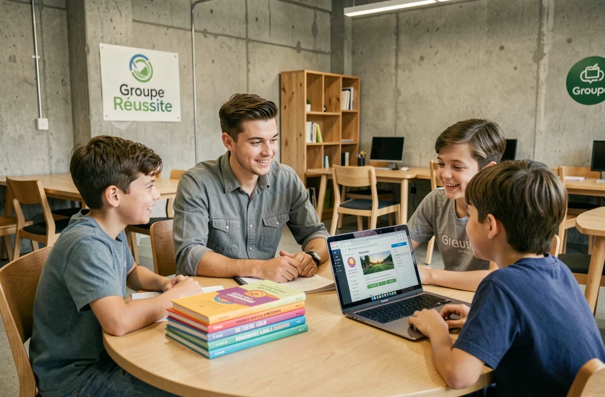 Tuteur du Groupe Réussite avec deux collégiens travaillant ensemble autour d'une table ronde dans un centre de tutorat moderne