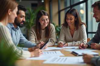 Groupe diversifié en réunion de travail en coworking