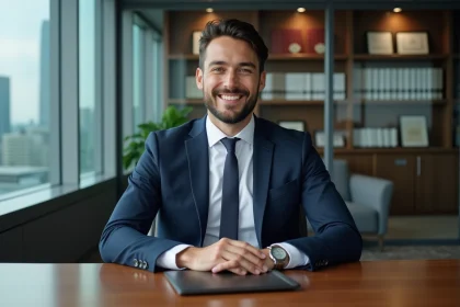 Homme d'affaires confiant en costume navy dans un bureau moderne