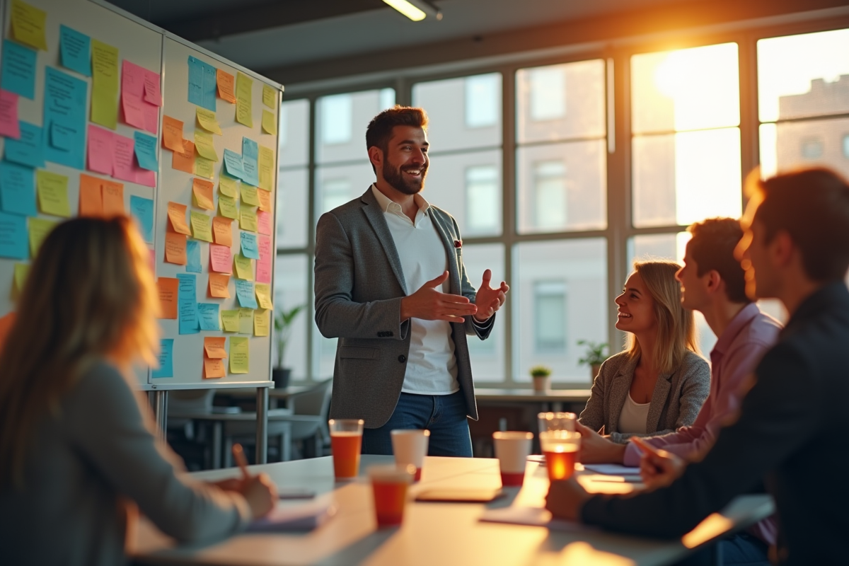Homme charismatique anime une séance de brainstorming créatif