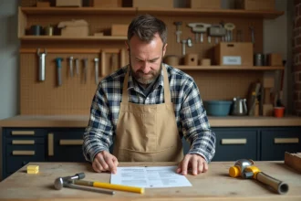 Homme adulte en tablier de bricolage étudiant des instructions sur un établi bien équipé dans un atelier domestique
