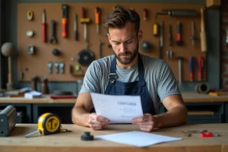 Un homme bricoleur lisant un document de certification bricolage dans un atelier domestique bien organisé
