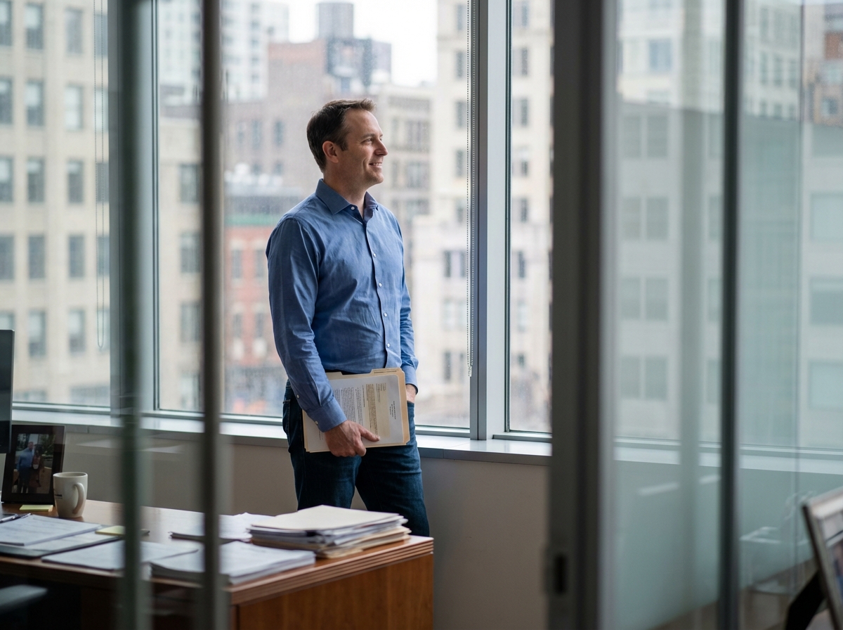 Homme regardant par la fenêtre dans un bureau urbain