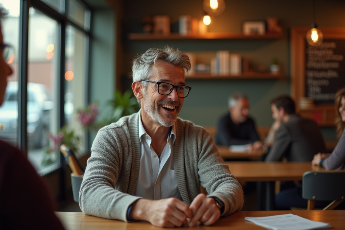 Homme discutant dans un café chaleureux