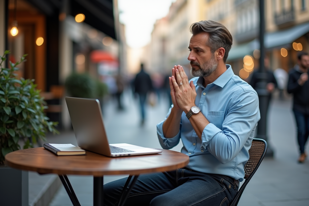 Homme en chemise casual au café en ville avec ordinateur