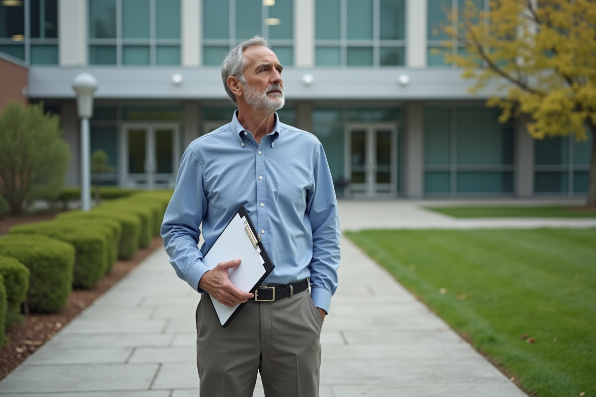 Chercheur observant un bâtiment universitaire en extérieur