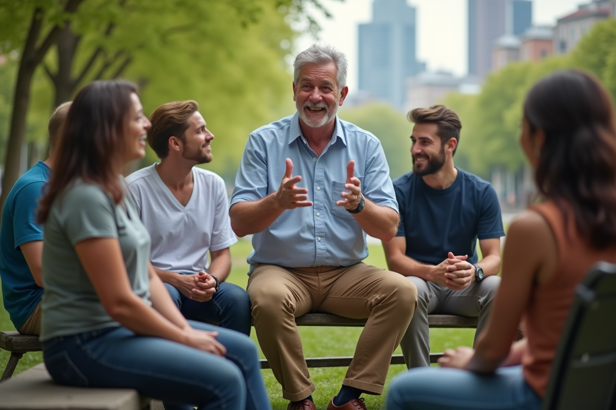 Homme discutant avec un groupe dans un parc urbain