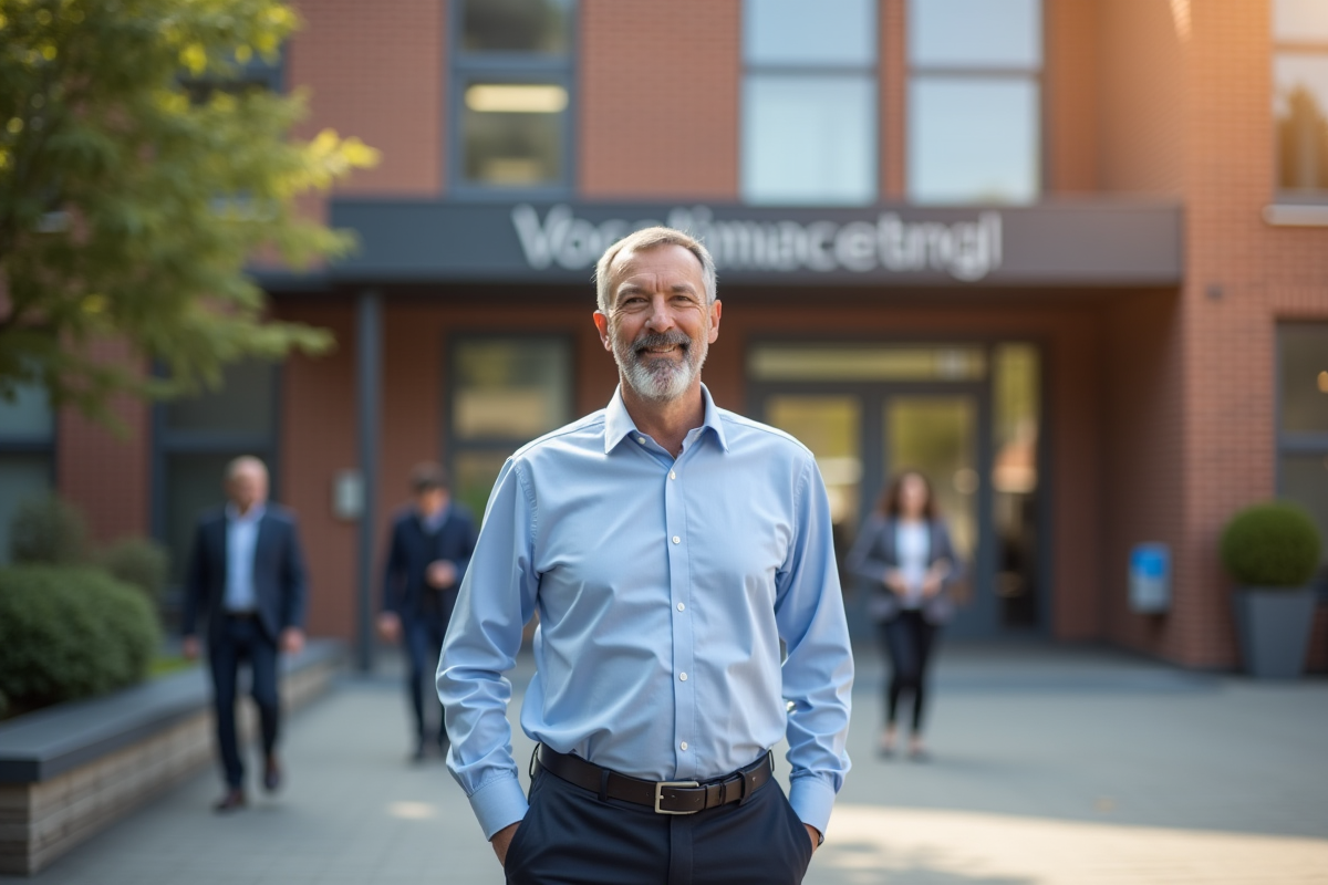 Homme devant une école professionnelle en extérieur