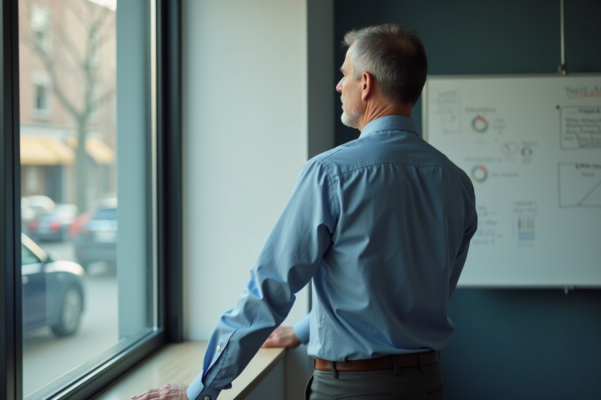 Homme pensif regardant par la fenetre en formation