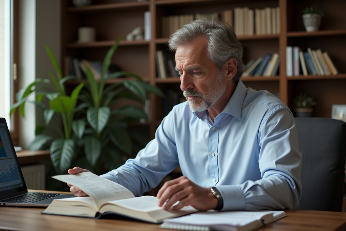 Homme d age moyen étudiant un livre dans un bureau