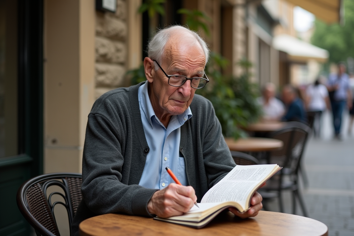 Homme âgé prenant des notes en français en extérieur