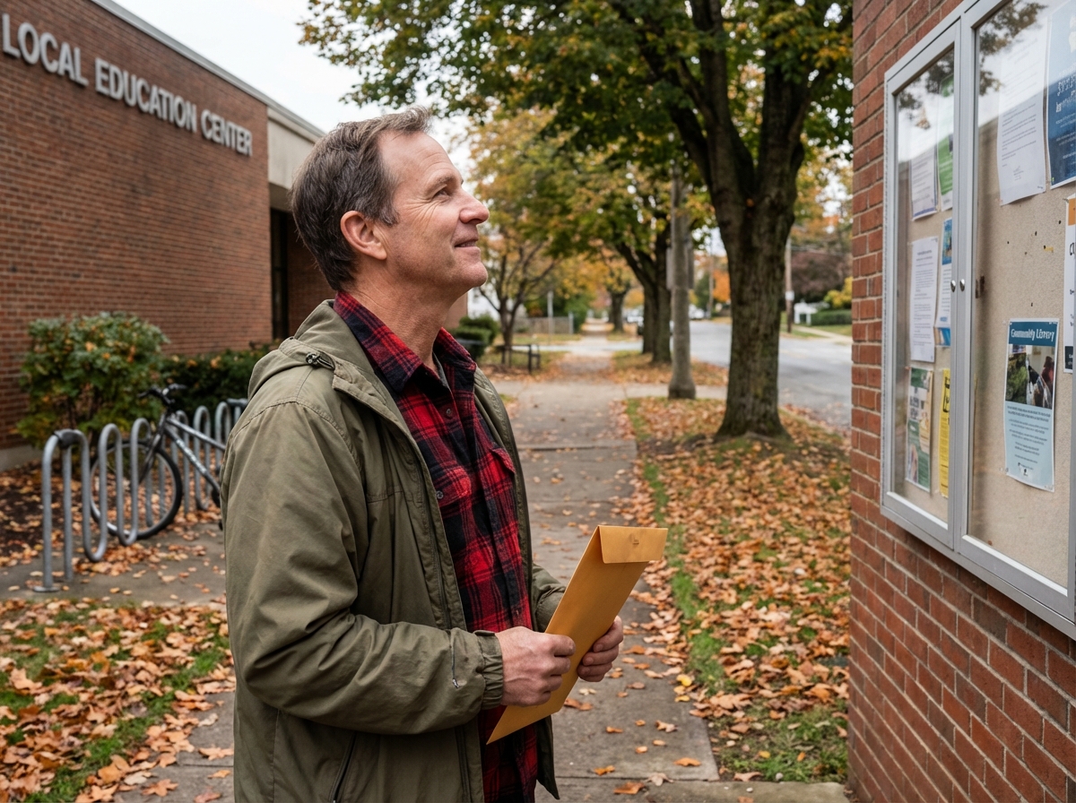 Homme lisant une annonce devant un centre &eacute;ducatif en ext&eacute;rieur
