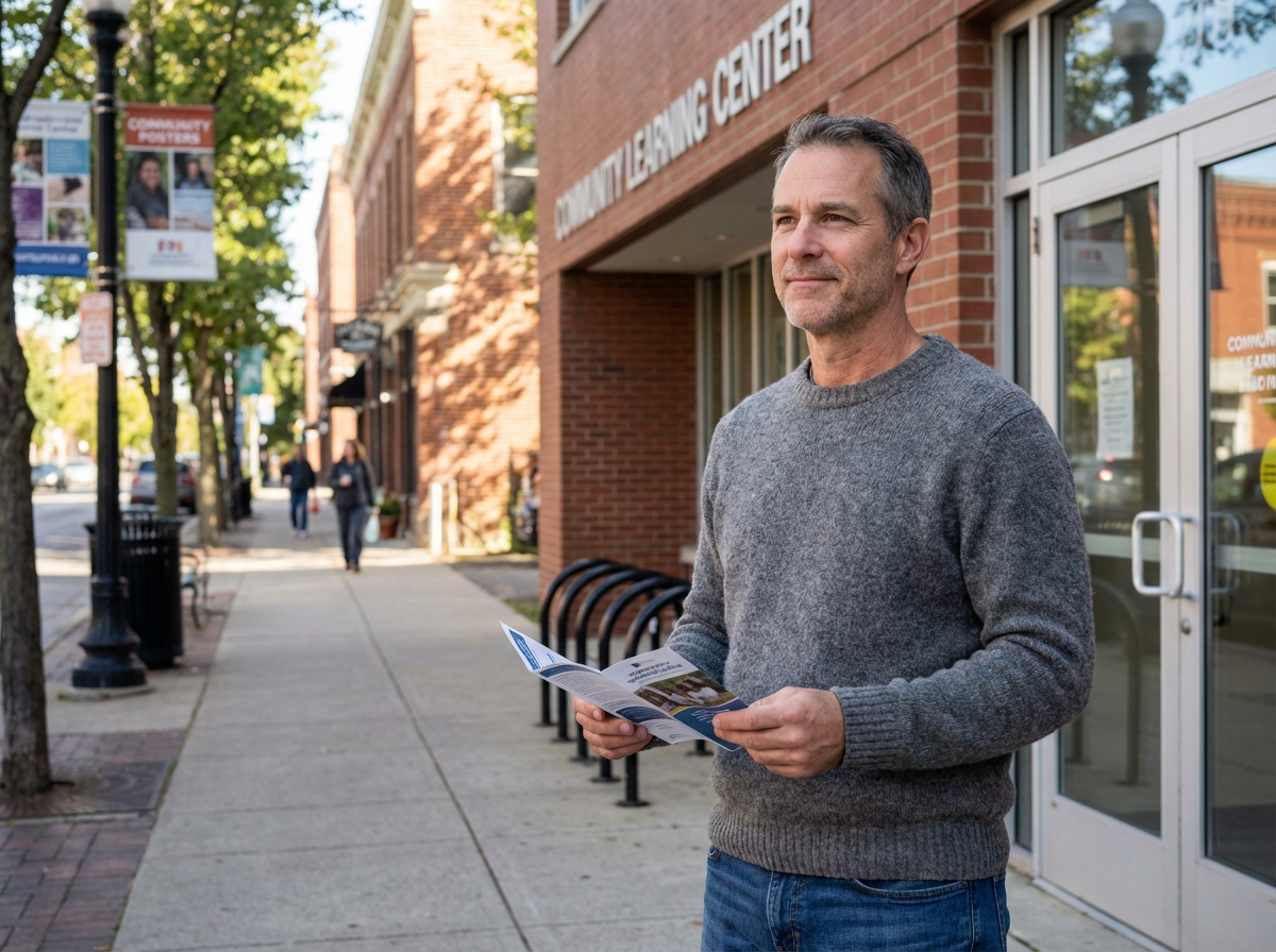 Homme lisant une brochure devant un centre de formation