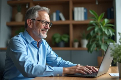 Homme d'&acirc;ge moyen en bureau moderne utilisant un ordinateur portable