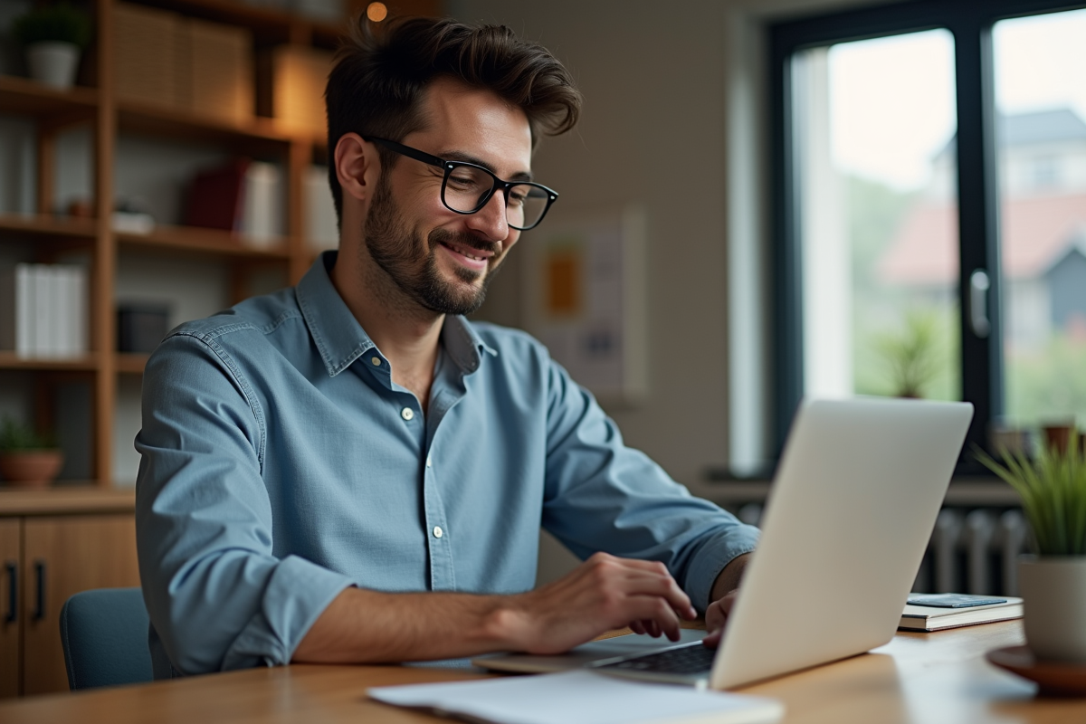 Homme en intérieur mettant à jour son CV sur ordinateur