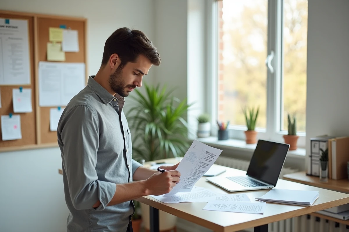 Jeune homme relisant et annotant un plan de dissertation argumentée à son bureau avec des fiches et des brouillons