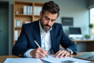 Homme d'âge moyen remplissant formulaire de renouvellement VTC