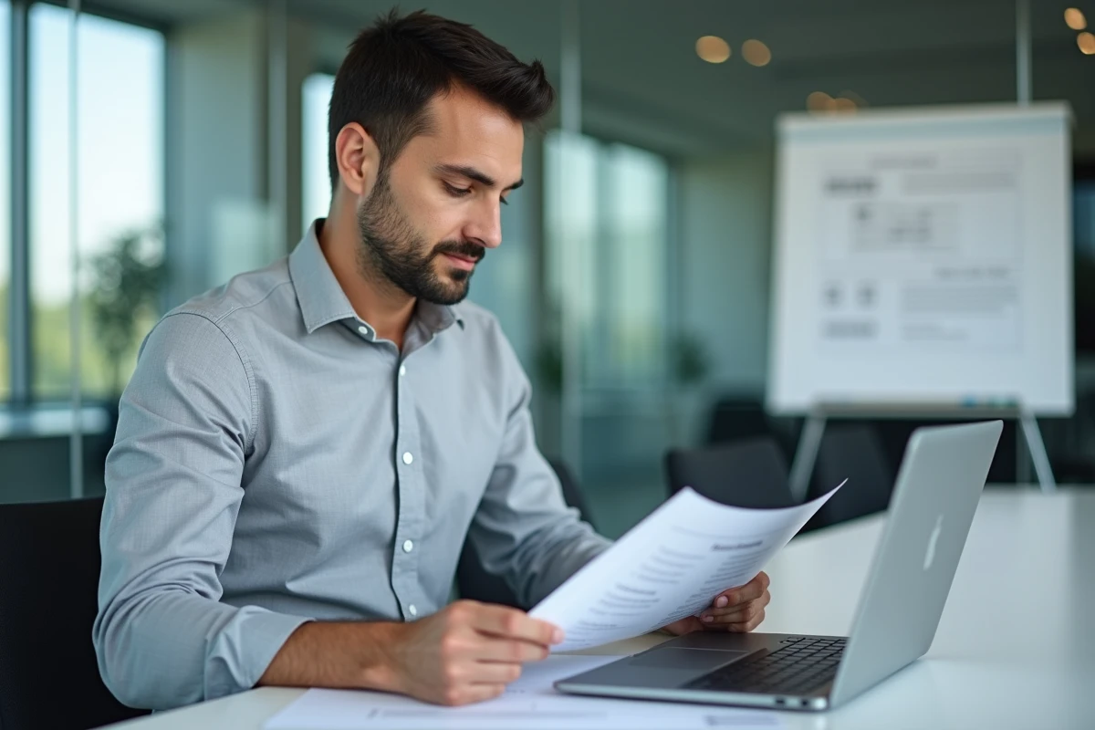Homme en salle de réunion révisant des documents pour un exercice de recrutement scolinfo