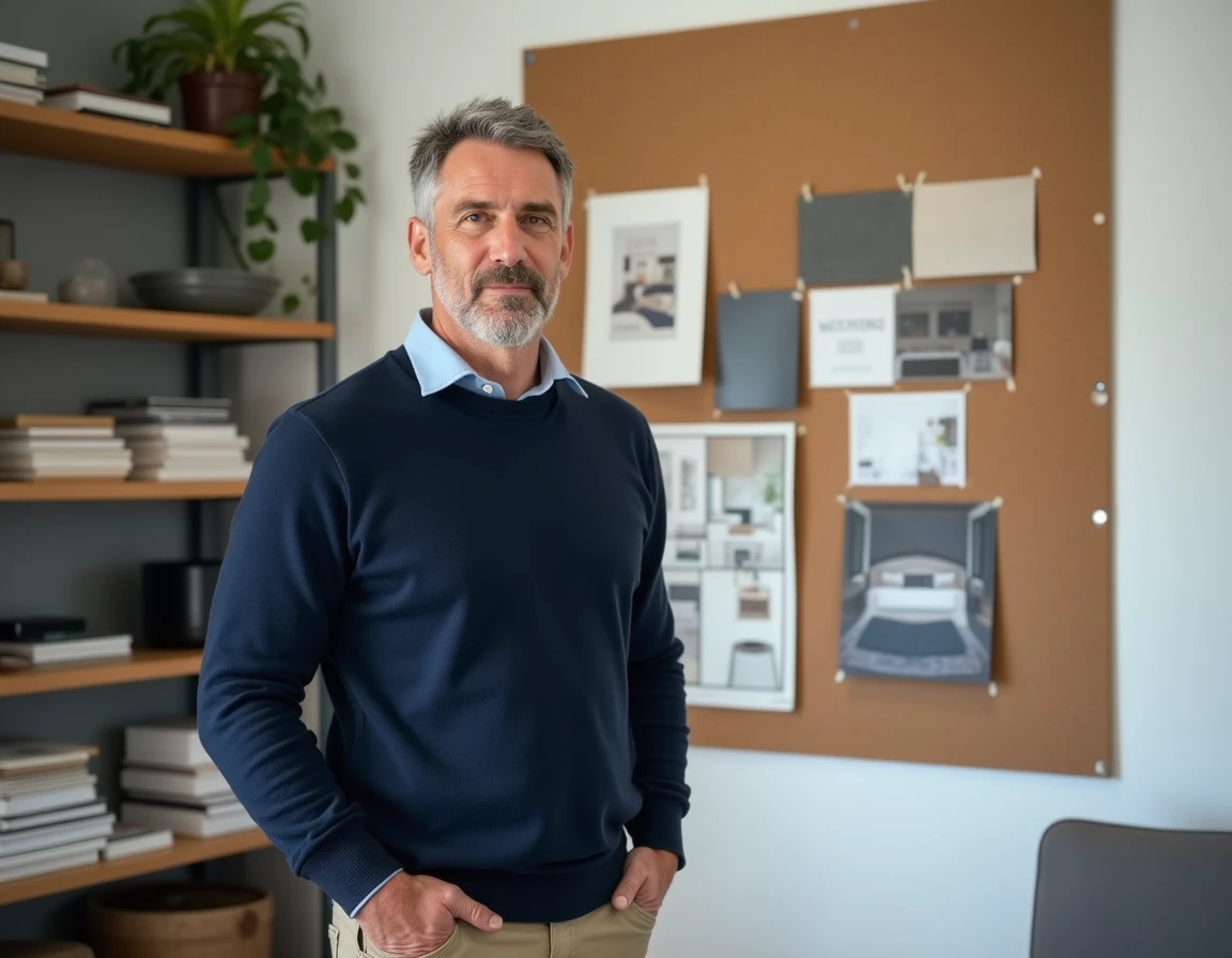 Homme consultant un tableau d'inspiration en aménagement intérieur dans un studio de design professionnel pour une formation décoration