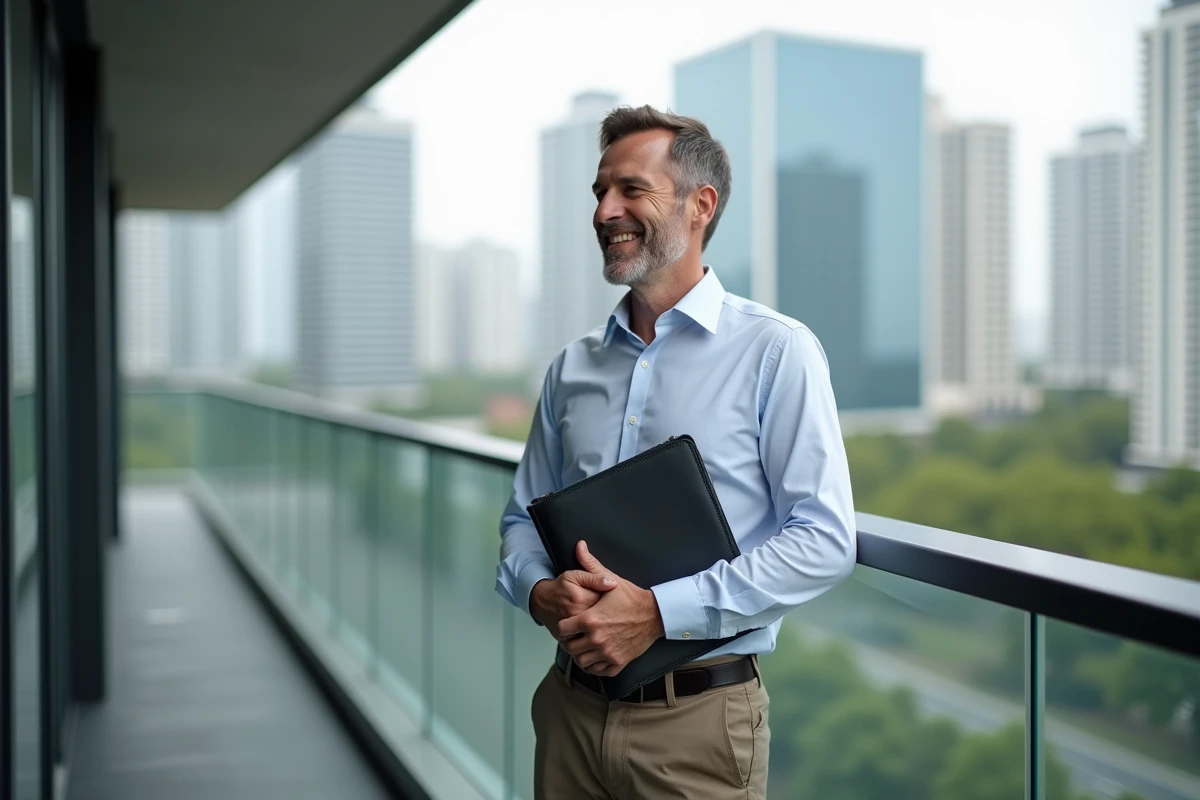 Homme d affaires souriant sur un balcon urbain